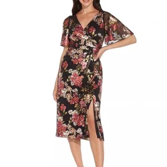 Adrianna Papell Dresses & Skirts - Adrianna Papell Black and Pink Floral Midi Dress